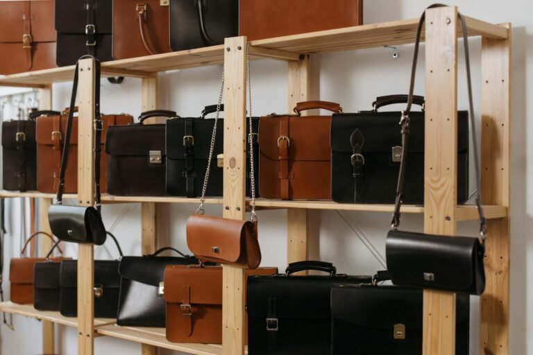 leather bags on wooden shelves